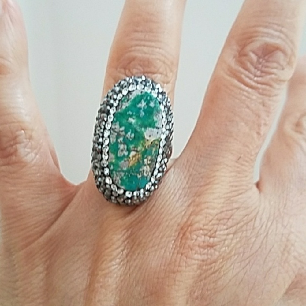 Antique Sterling silver Green Natural Stone Ring 7